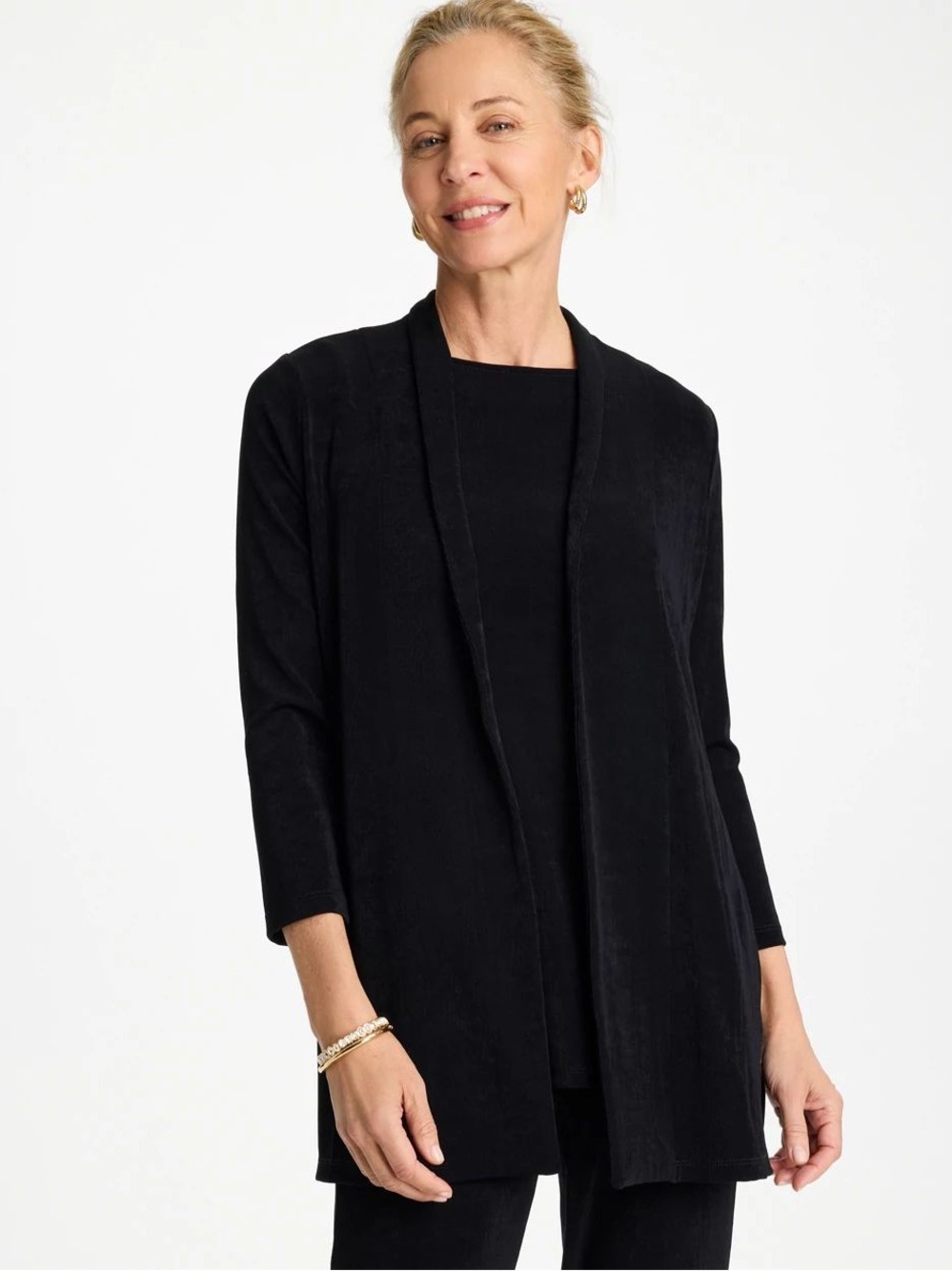 Chicos Side Slit Travelers Classic Long Open Front Cardigan Jacket 3/4 Sleeves